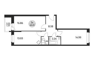 2-к квартира, вторичка, 60м2, 8/17 этаж