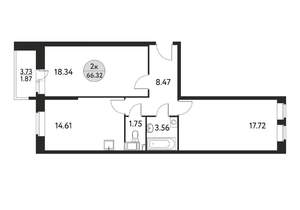 2-к квартира, вторичка, 66м2, 1/17 этаж