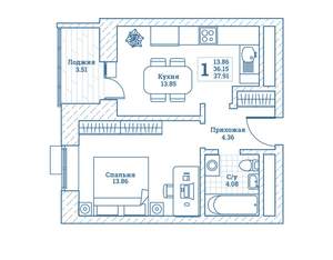 1-к квартира, вторичка, 38м2, 6/7 этаж