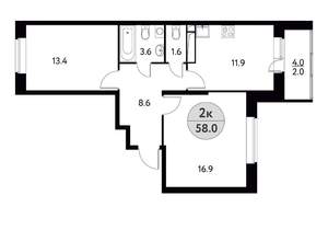2-к квартира, вторичка, 58м2, 14/17 этаж